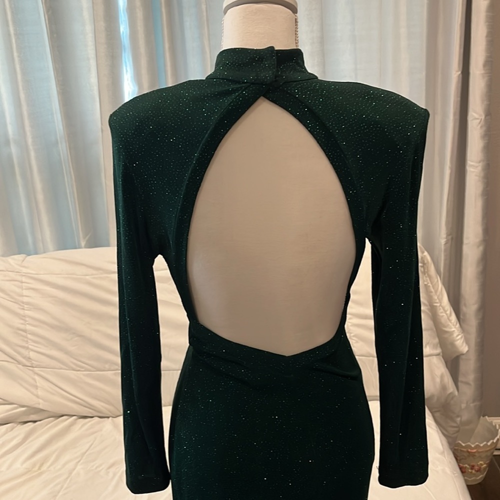 Susan Roselli for Vijack. Emerald color evening gown. Open back long sleeves